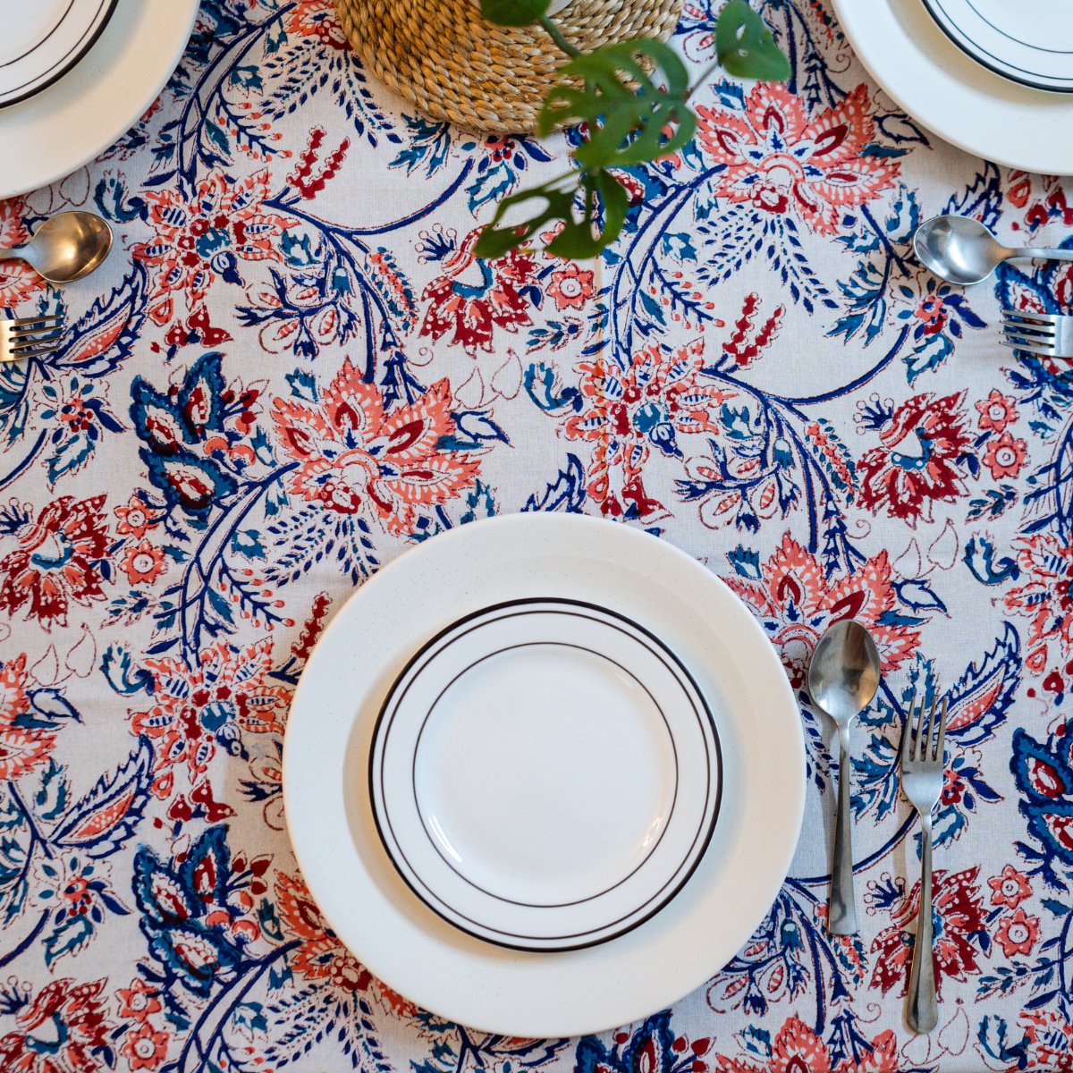 Pankhuri 6 Seater Dining Table Cover, Block Print, 100% Cotton, 60" x 90" - Coral Slub -